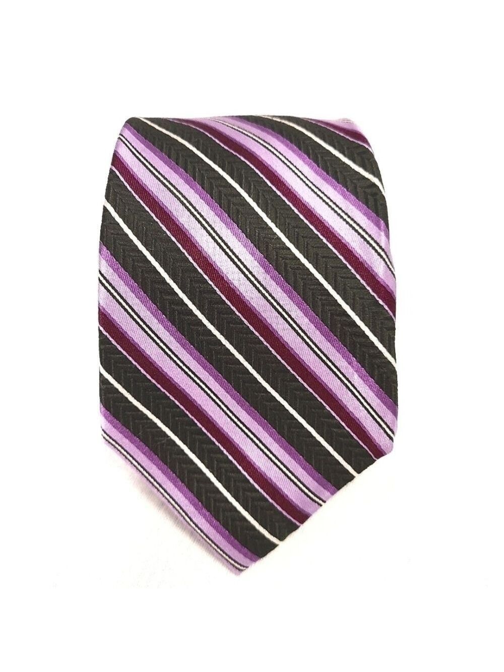 Alfred Sung Men’s 100% Silk Striped Tie Purple Black White Corporate Workwear